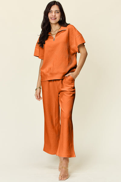 Explore More Collection - Double Take Full Size Texture Half Zip Short Sleeve Top and Pants Set