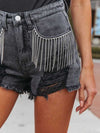 Explore More Collection - Distressed Fringe Denim Shorts with Pockets