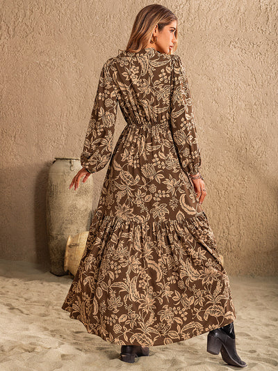 Explore More Collection - Ruched Printed Notched Long Sleeve Maxi Dress