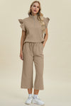 Explore More Collection - Double Take Full Size Texture Ruffle Short Sleeve Top and Wide Leg Pants Set