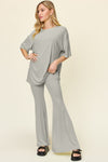 Explore More Collection - Double Take Full Size Round Neck Drop Shoulder T-Shirt and Flare Pants Set