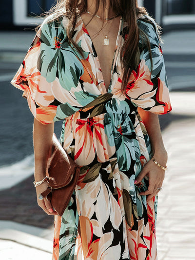 Explore More Collection - Floral Plunge Half Sleeve Dress