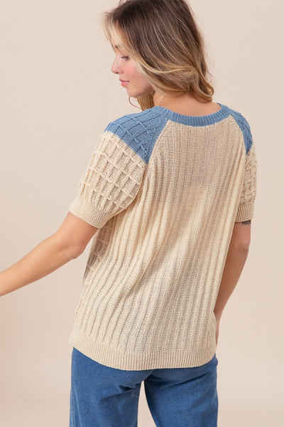 Explore More Collection - BiBi Textured Contrast Short Sleeve Sweater