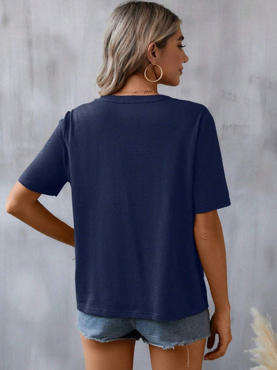 Explore More Collection - Embroidered Notched Short Sleeve T-Shirt