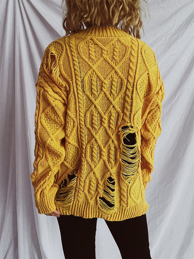 Explore More Collection - Distressed Cable-Knit Round Neck Long Sleeve Sweater