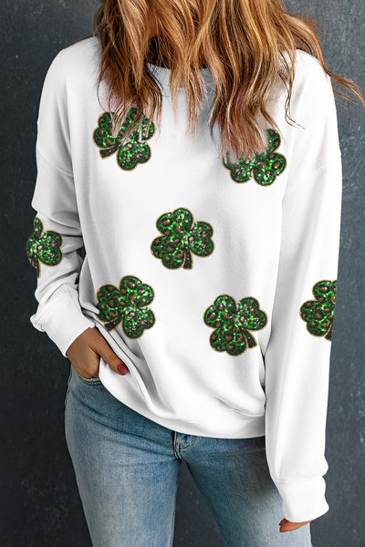 Explore More Collection - Sequin Lucky Clover Long Sleeve Sweatshirt