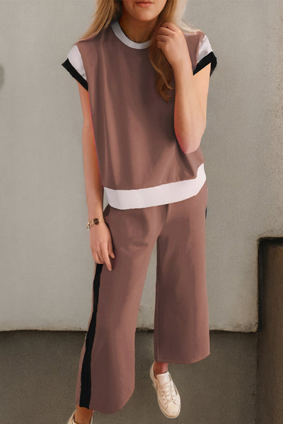 Explore More Collection - Contrast Round Neck Top and Pants Set