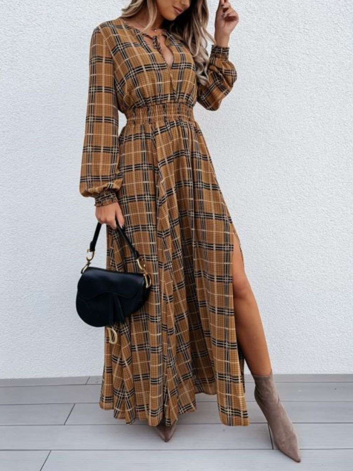 Explore More Collection - Slit Plaid Tie Neck Long Sleeve Maxi Dress