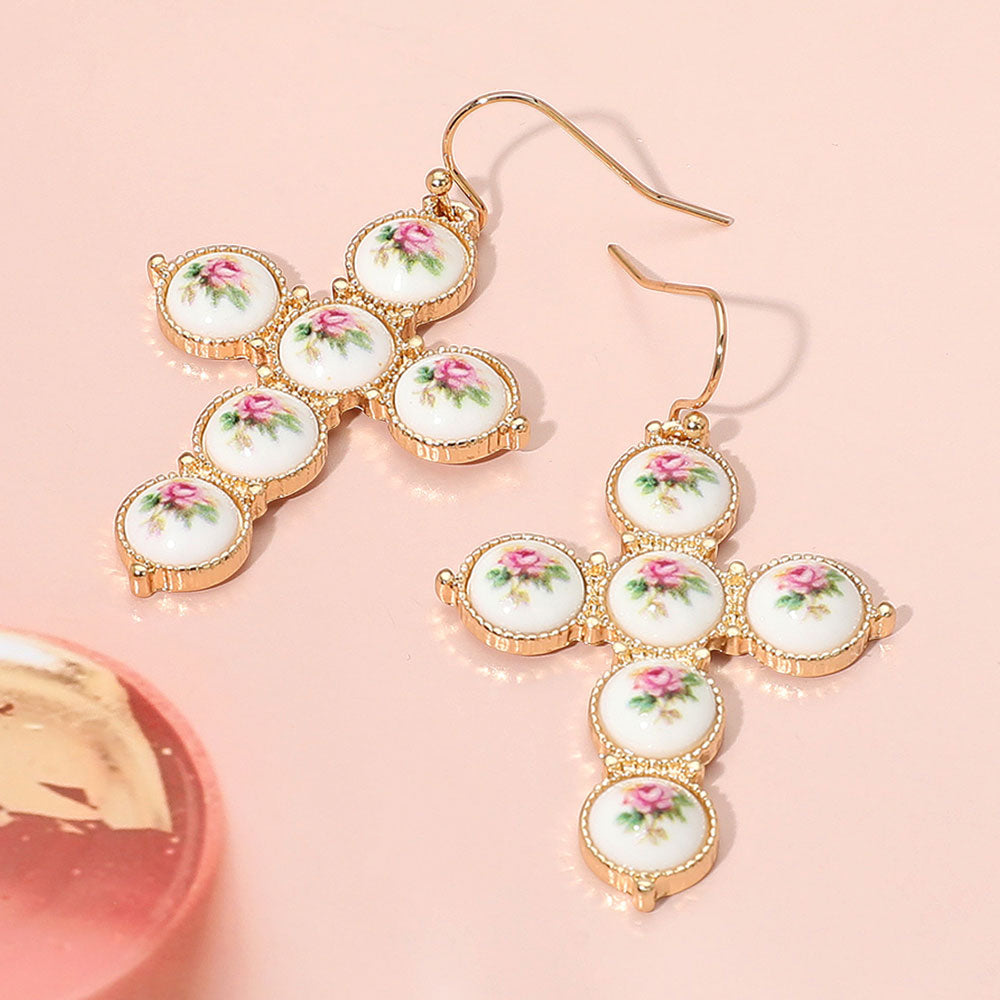 Floral Ceramic Bezel Cross Dangle Earrings