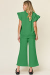 Explore More Collection - Double Take Texture Ruffle Short Sleeve Top and Drawstring Wide Leg Pants Set