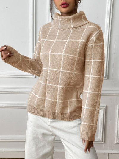 Explore More Collection - Plaid Turtleneck Long Sleeve Sweater