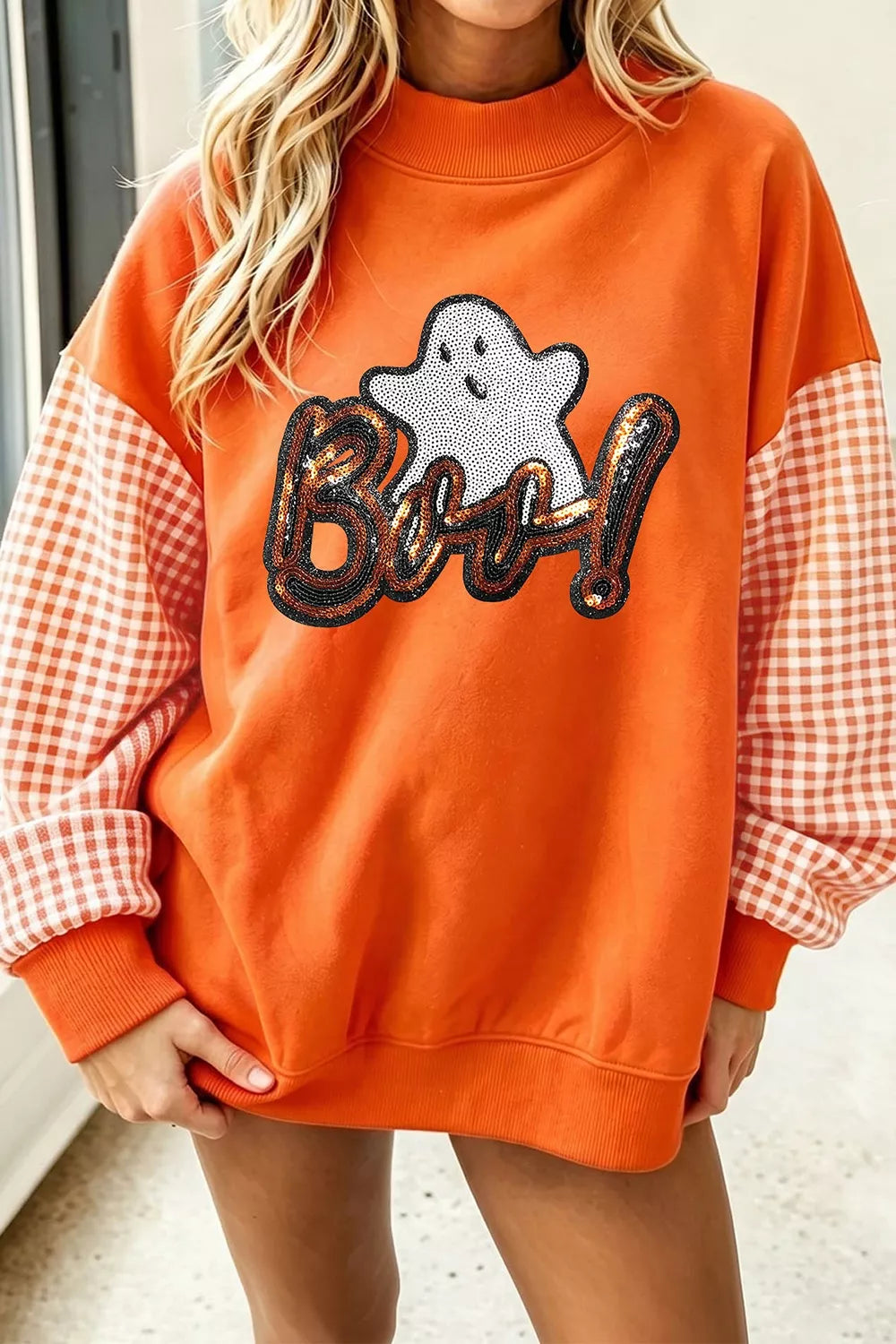 Boo Sequin Ghost Plaid Patchwork Sleeve Halloween Sweatshirt