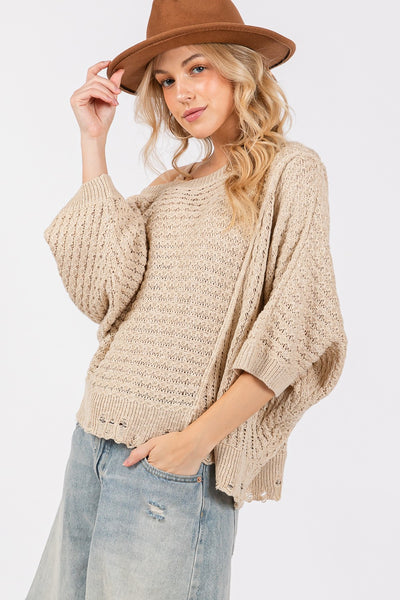 Explore More Collection - SAGE + FIG Distressed Asymmetrical Open Stitch Sweater