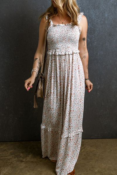 Explore More Collection - Ruffled Smocked Printed Sleeveless Maxi Dress