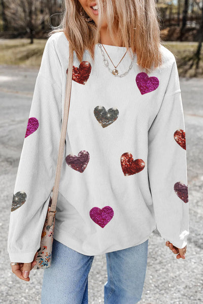 Explore More Collection - Valentine’s Day Sequin Heart Round Neck Long Sleeve Sweatshirt