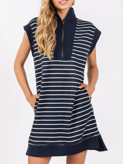 Explore More Collection - Full Size Pocketed Striped Quarter Zip Cap Sleeve Dress