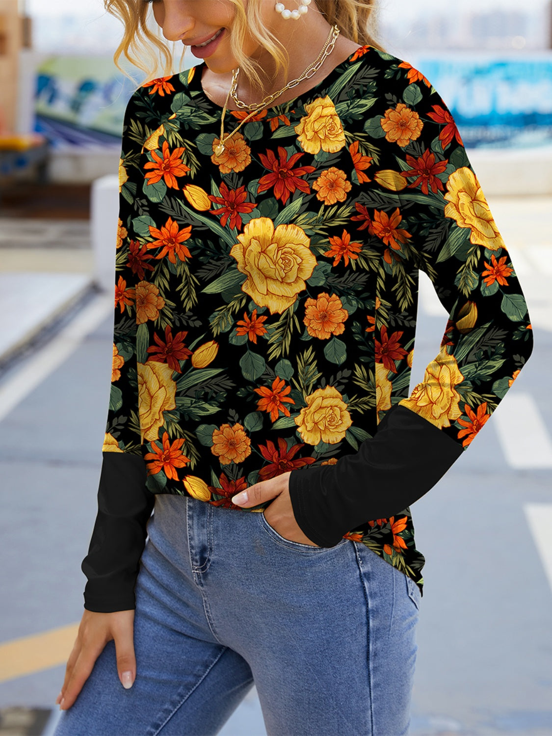 Explore More Collection - Printed Round Neck Long Sleeve T-Shirt