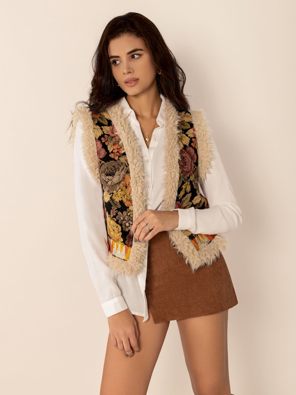 Explore More Collection - Embroidered Fuzzy Trim Open Front Vest Coat