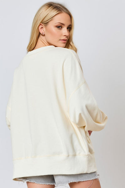 Explore More Collection - Pearl Bow Round Neck Dropped Shoulder Sweatshirt