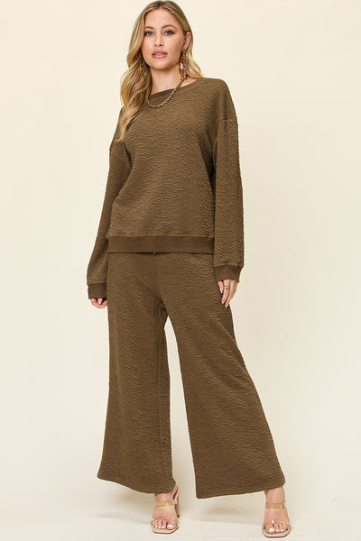 Explore More Collection - Double Take Full Size Texture Long Sleeve Top and Pants Set