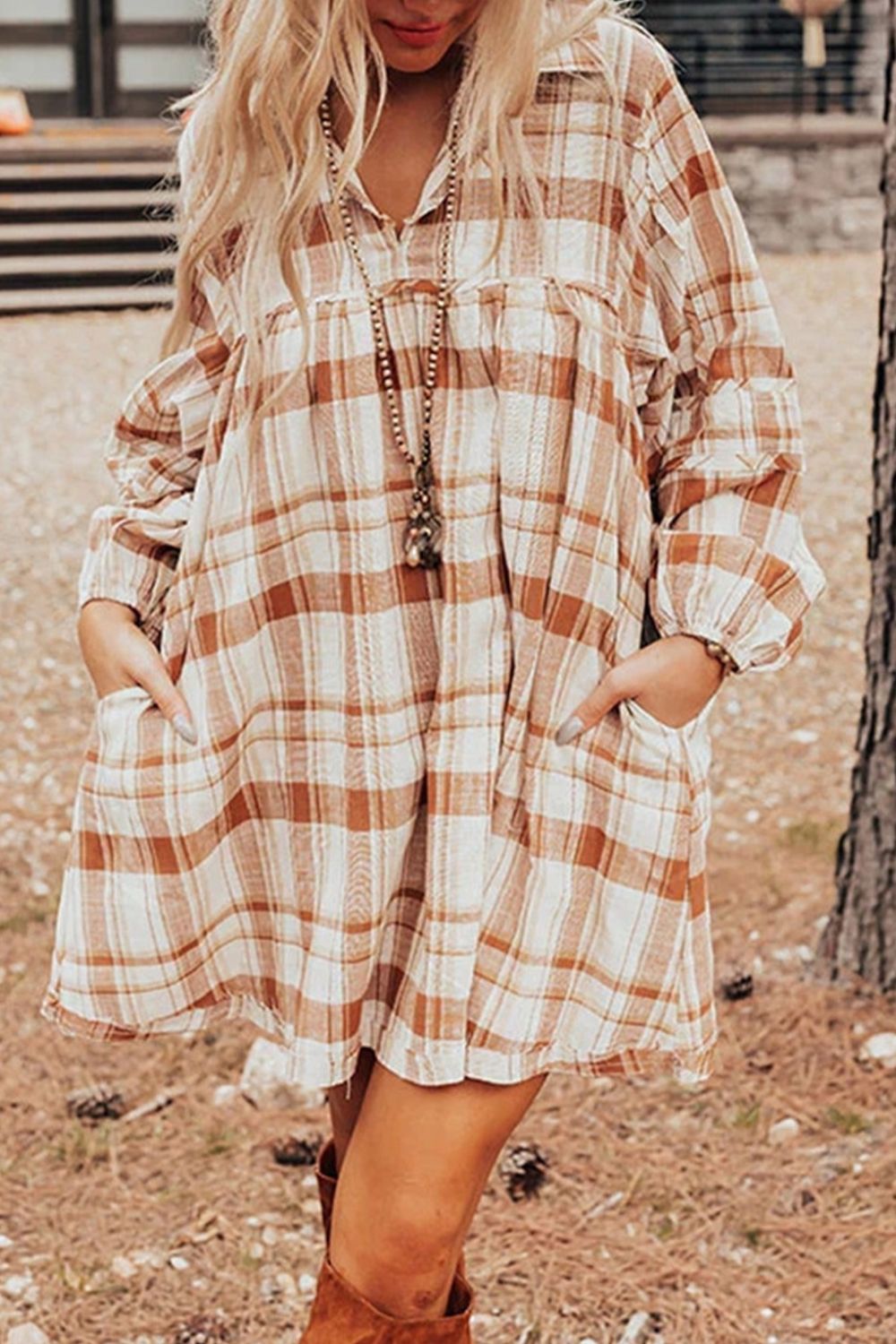 Explore More Collection - Plaid Collared Neck Long Sleeve Mini Shirt Dress