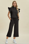 Explore More Collection - Double Take Full Size Texture Ruffle Short Sleeve Top and Wide Leg Pants Set