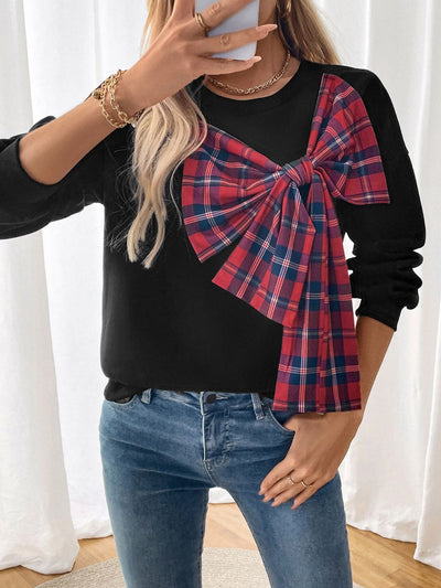 Explore More Collection - Perfee Bow Round Neck Long Sleeve Sweatshirt