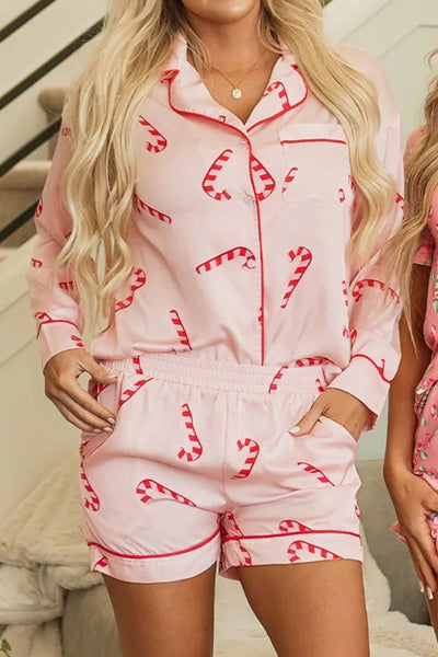 Explore More Collection - Candy Cane Collared Neck Long Sleeve Top and Shorts Lounge Set