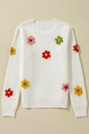 Explore More Collection - Crochet Flower Round Neck Long Sleeve Sweater