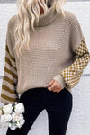 Explore More Collection - Checkered Striped Turtleneck Long Sleeve Sweater