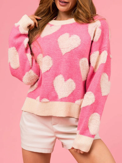 Explore More Collection - Valentine’s Day Fuzzy Heart Round Neck Long Sleeve Sweater