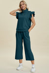 Explore More Collection - Double Take Full Size Texture Ruffle Short Sleeve Top and Wide Leg Pants Set