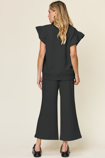 Explore More Collection - Double Take Texture Ruffle Short Sleeve Top and Drawstring Wide Leg Pants Set