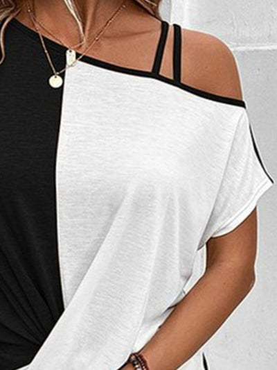 Explore More Collection - Contrast Asymmetrical Neck Short Sleeve T-Shirt