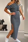 Explore More Collection - Slit Striped Short Sleeve Dress