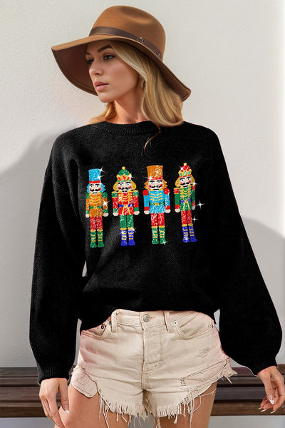 Explore More Collection - Double Take Full Size Sequin Nutcracker Long Sleeve Sweater