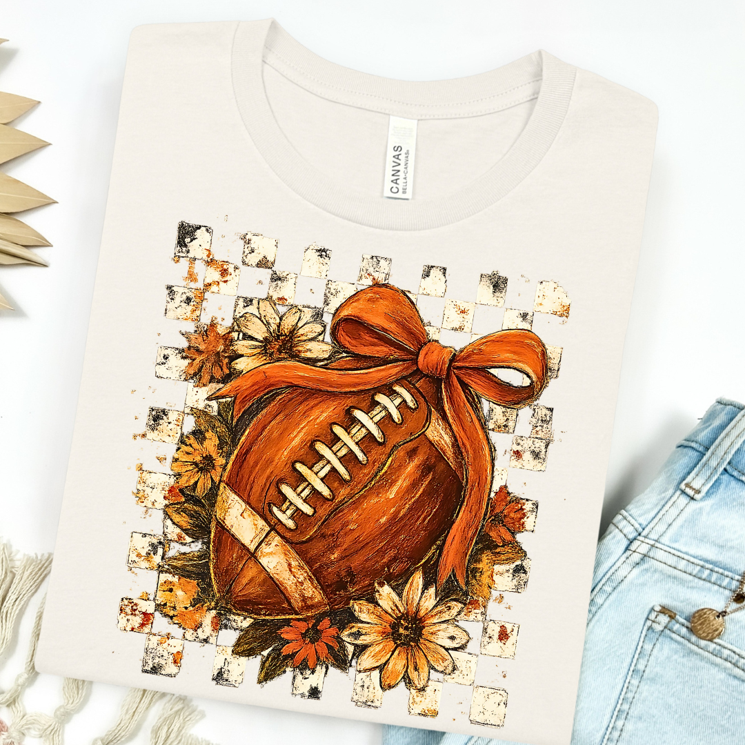 Explore More Collection - Checkered Floral Football with Bow Graphic Tee