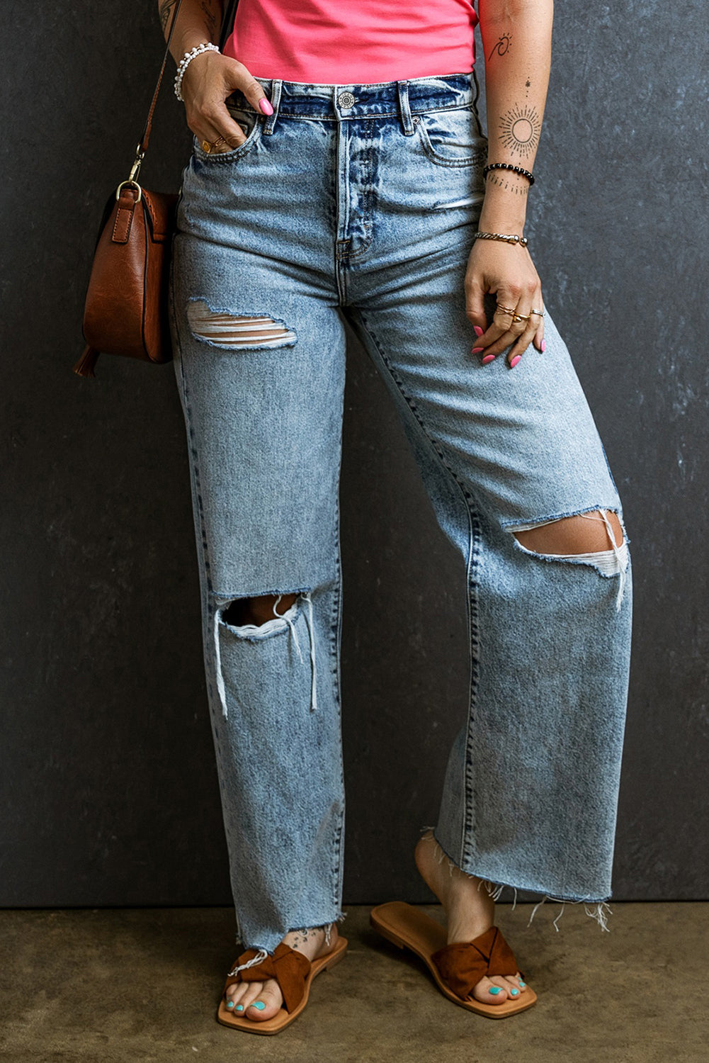 Explore More Collection - Distressed Raw Hem Straight Jeans