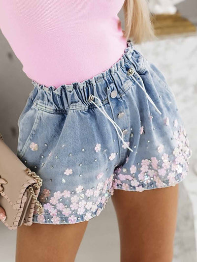 Explore More Collection - Rhinestone Drawstring Denim Shorts