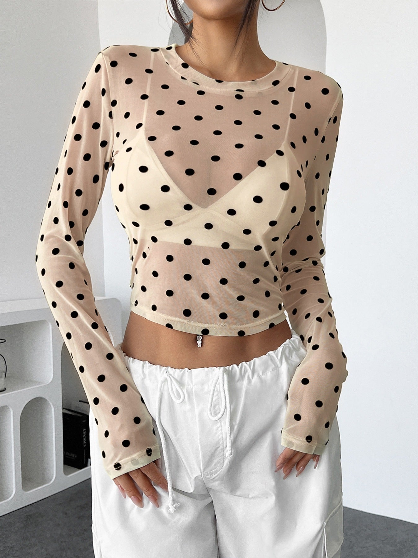 Polka Dot Mesh Long Sleeve Top