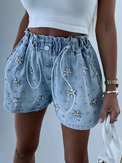 Explore More Collection - Rhinestone Drawstring Denim Shorts