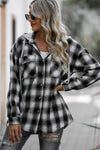 Explore More Collection - Drawstring Plaid Long Sleeve Hooded Shacket