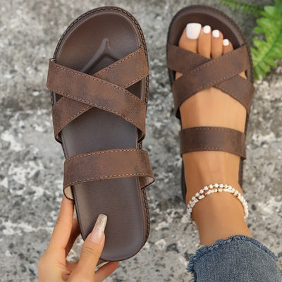 Explore More Collection - Crisscross PU Leather Flat Sandals