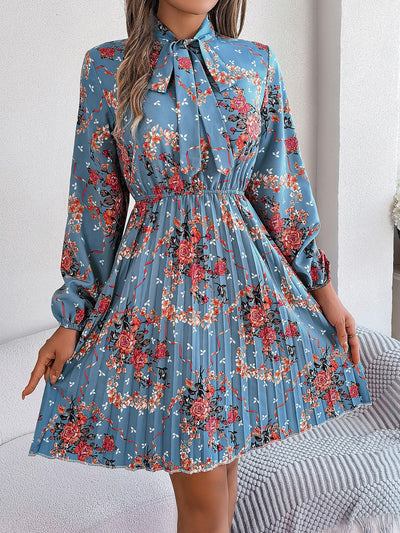 Explore More Collection - Pleated Printed Tie Neck Long Sleeve Dress