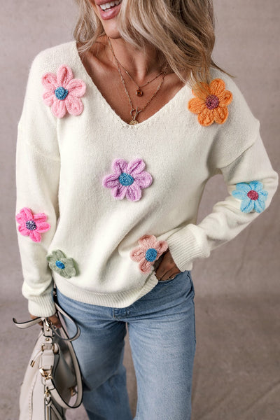 Explore More Collection - Crochet Flower V-Neck Long Sleeve Sweater