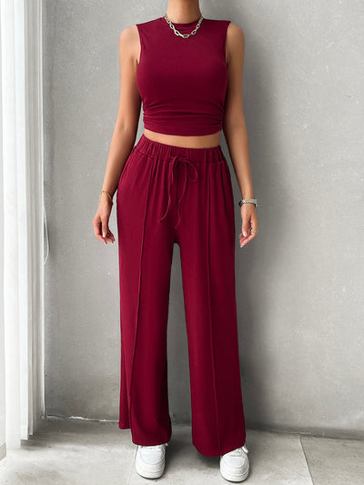 Explore More Collection - Mock Neck Sleeveless Top and Drawstring Pants Set