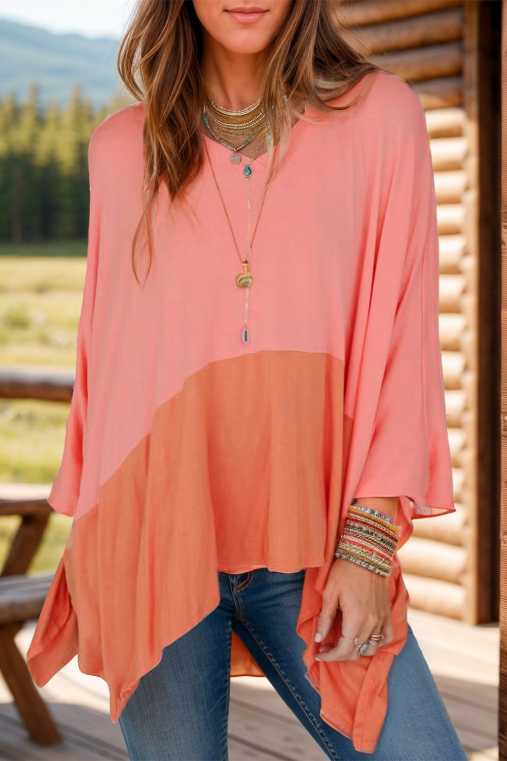 Explore More Collection -Contrast V-Neck Batwing Sleeve Blouse