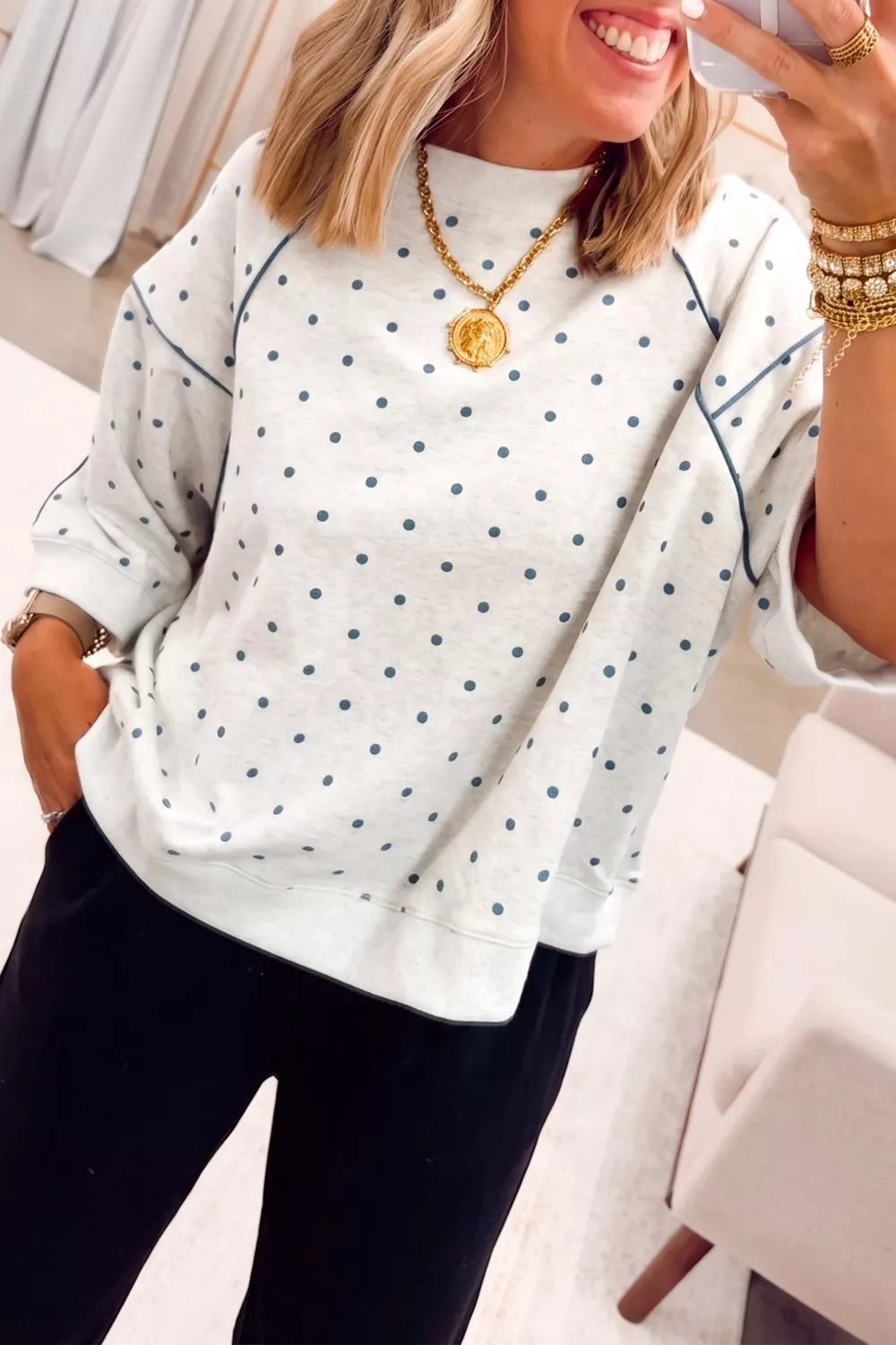 Polka Dot Print Piping Trim 3/4 Sleeve Relaxed Top