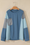 Explore More Collection - Patchwork Color Block Round Neck Long Sleeve Top