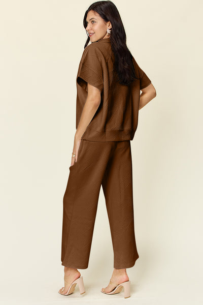 Explore More Collection - Double Take Full Size Texture Half Zip Short Sleeve Top and Pants Set